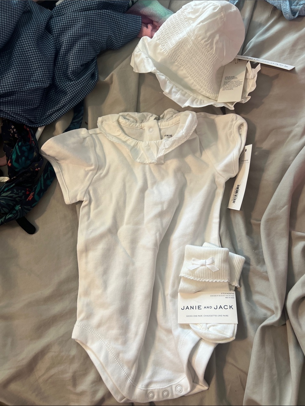 Janie and Jack White Ruffle-Collar Cotton Bodysuit, socks and bonnet